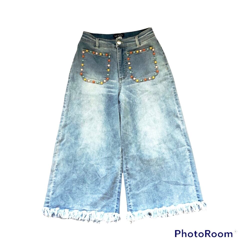 Venus Wide Leg Flare Jeans Womens Boho High Rise Frayed Cropped Summer Festival